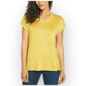 Orvis Women's Short Sleeve V-Neck Tunic Knit Top in Mustard, Size Large, NWT 293